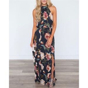 Floral Sleeveless Maxi Dress‎ - Black and Red